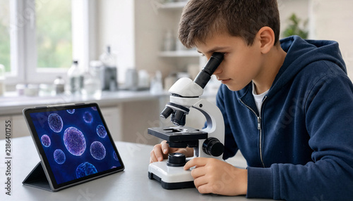 Boy looking through a microscope in a classroom lab with a tablet screen showing virus cell structures science project school lab smart tablet laboratory equipment scientific research