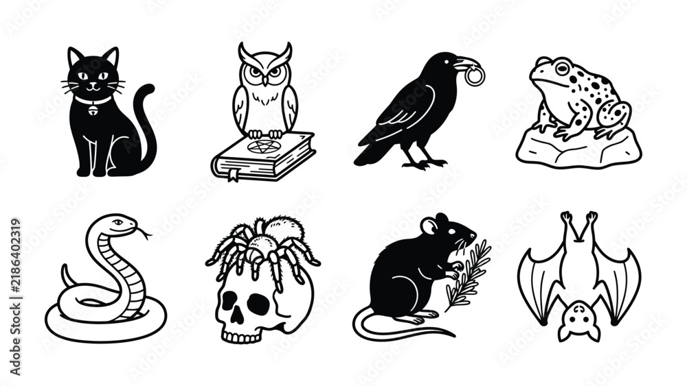 Fototapeta premium Occult Icons Collection: A striking set of graphic icons featuring a black cat, owl on a book, crow with a ring, frog, snake, spider on a skull, rat, and a bat.