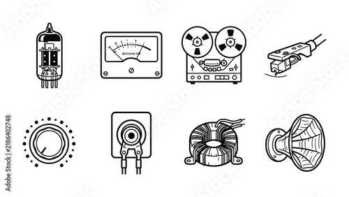 Obraz na plátně Retro Audio Components Collection: A graphic set of vintage audio equipment icons, including vacuum tube, meter, reel-to-reel tape recorder, turntable head, potentiometer, connector