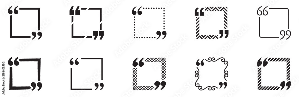 Obraz premium Quote box icon set. Text frame symbol. Speech bubble border mark. Citation box sign. Quote mark frame. Vector illustration. Vector Graphic. EPS 10