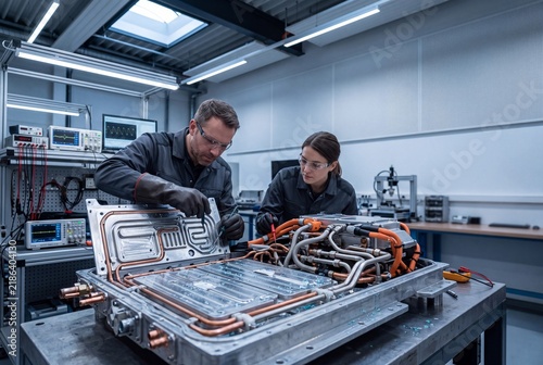 Professional engineers conducting rigorous research and development on high-voltage battery modules in a sterile automotive laboratory environment