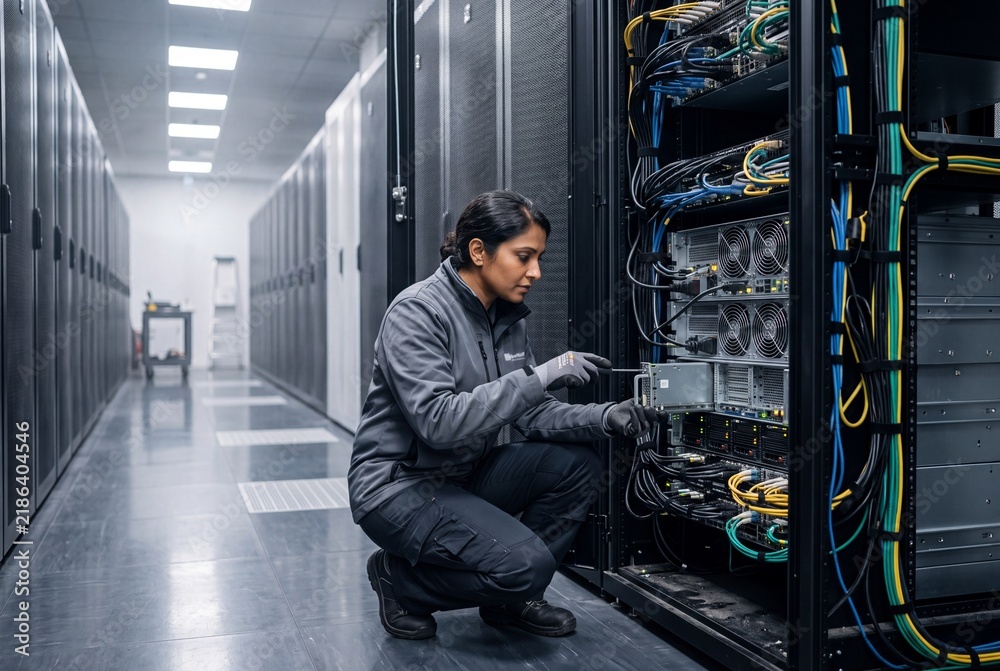 Fototapeta premium A skilled female technician performing precise maintenance on advanced server hardware infrastructure inside a modern data center facility