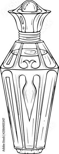 Decorative faceted vial. Glass bottle with potion or perfume. Halloween design for coloring book. Vector illustration in hand drawn doodle sketch style. Line art isolated on white