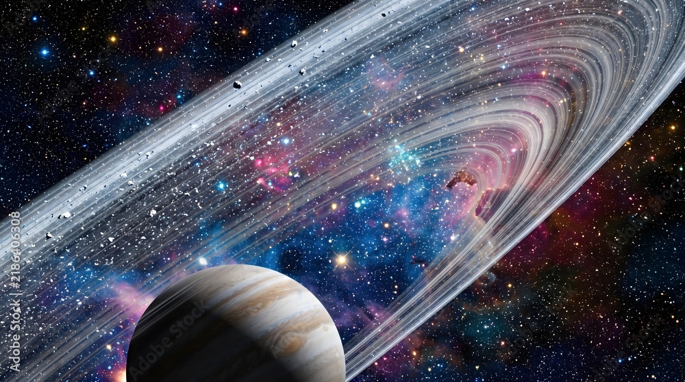 Fototapeta premium Planet with spectacular planetary rings floats majestically amidst a colorful nebula and a dense field of stars in deep outer space.