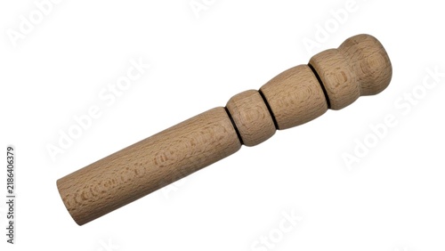 Obraz na plátně Top view of a traditional wooden pestle (stick), isolated on white background, used for grinding and crushing herbs, spices, and natural ingredients in a mortar