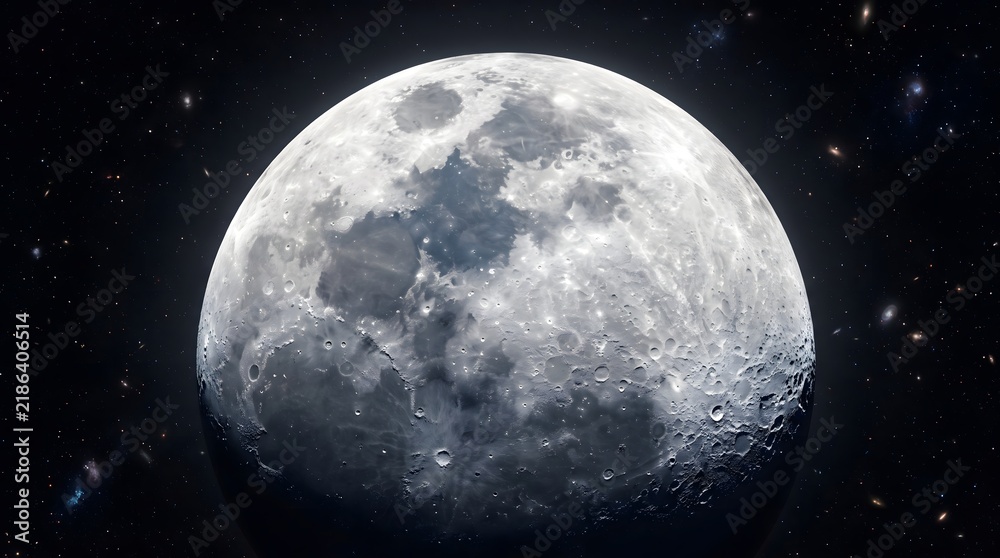 Obraz premium Moon with detailed surface craters shines brightly against a dark background filled with distant stars and galaxies.