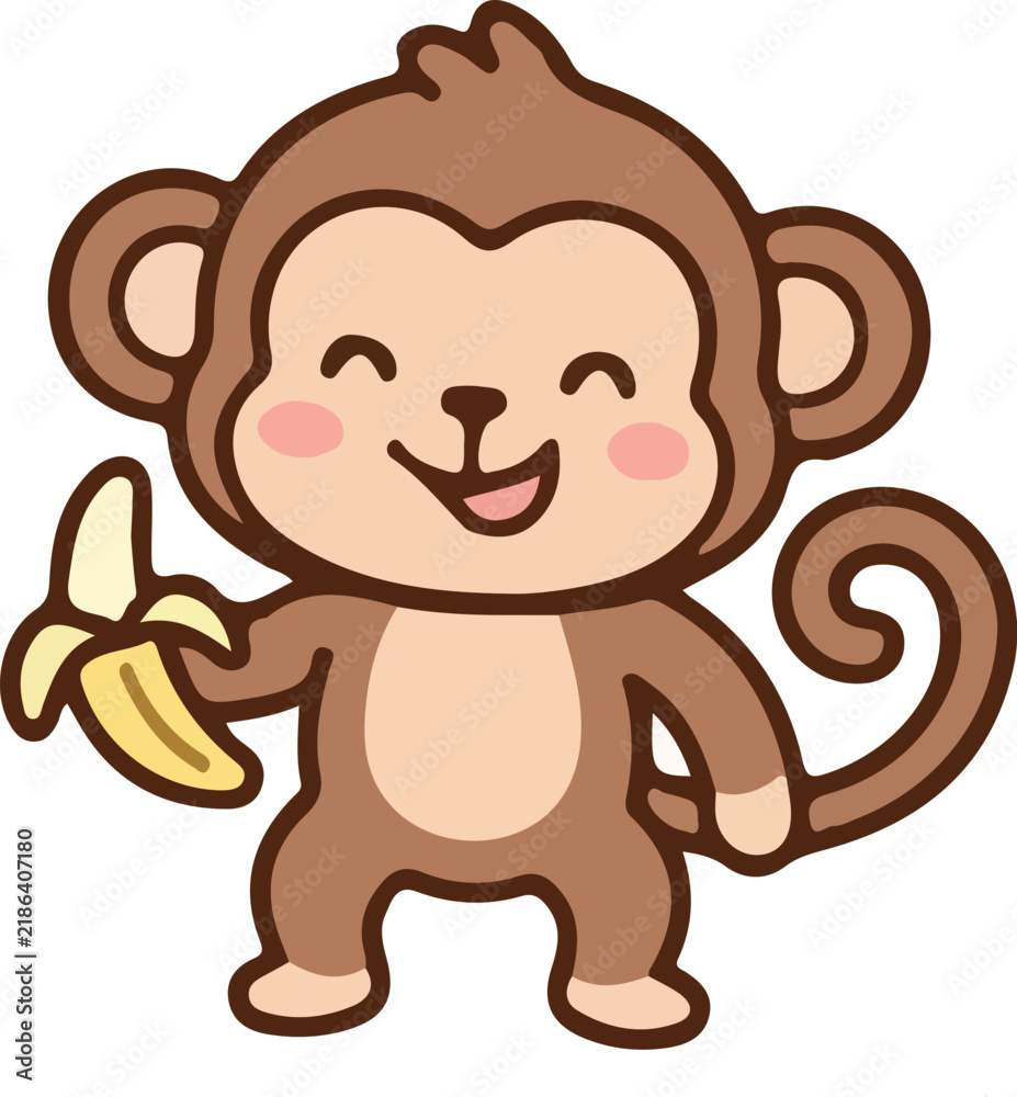 Obraz premium Cute Smiling Baby Monkey Holding Banana Flat Vector Illustration