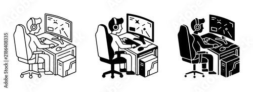Gamer Setup Vector Icons: Person Playing Computer Games, Esports, Online Gaming Lifestyle