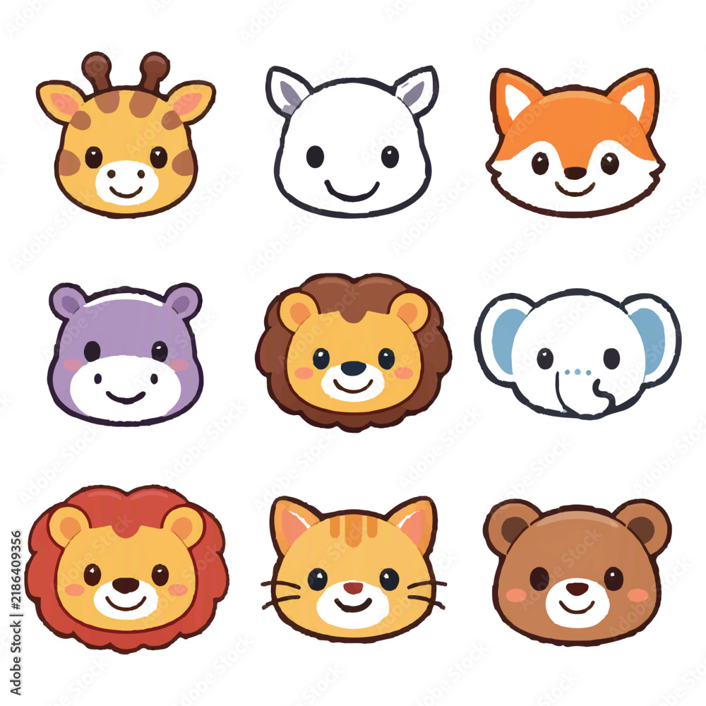 Fototapeta premium Art & Illustration Baby Animal Face Icon Set - Cute Cartoon Vector Bundle for Children's Design