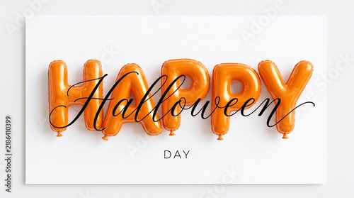 Orange balloon letters spelling Happy Halloween on a clean white background with elegant calligraphy