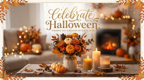 Halloween greeting card with pumpkin floral arrangement and glowing candles in a cozy living room