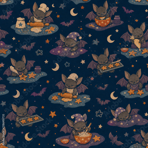 Cute Bats Baking at Night Seamless Pattern
