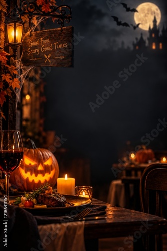 halloween dinner scene with glowing jack-o’-lantern, candlelight and full moon over castle, captured in warm atmospheric composition with deep shadows and festive autumn tones