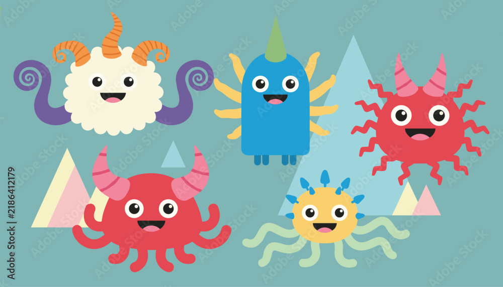 Naklejka premium Playful collection of cute cartoon monsters set with horns and tentacles on blue background with triangles.