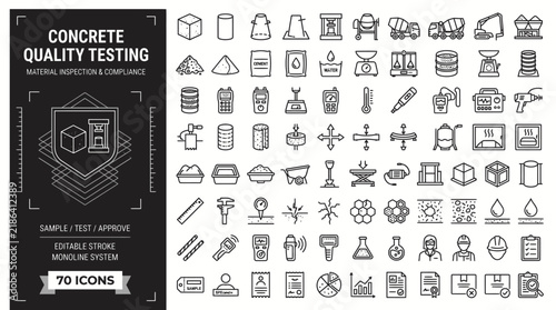 Concrete quality testing and construction material analysis outline icons set