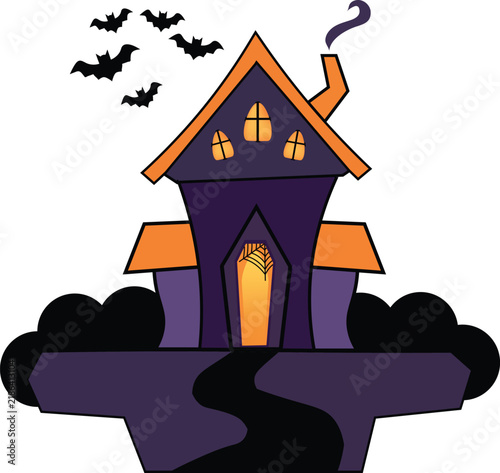 Spooky Halloween haunted house illustration, colorful flat vector style, creepy seasonal artwork for party invitations, posters, greeting cards, and decorations