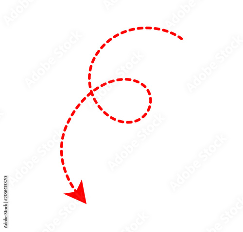 Red dotted spiral arrow pointing down isolated on transparent background