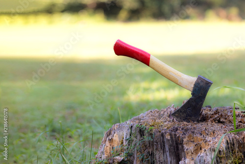Canvastavla An axe stuck in a wooden chopping block at sunset