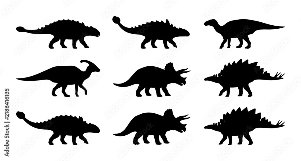 Fototapeta premium Dinosaur Silhouettes Collection, Prehistoric Reptile Icons, Jurassic Creature Vector Set