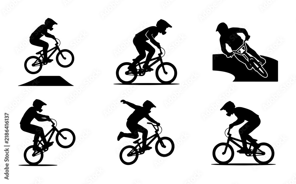 Fototapeta premium BMX Bicycle Silhouettes, Extreme Sports Action, Rider Performing Tricks, Vector Set