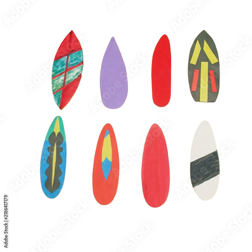 Collection of eight hand-painted teardrop shaped paper cutouts with diverse colorful patterns arranged on a plain white background surface isolated on a transparent background