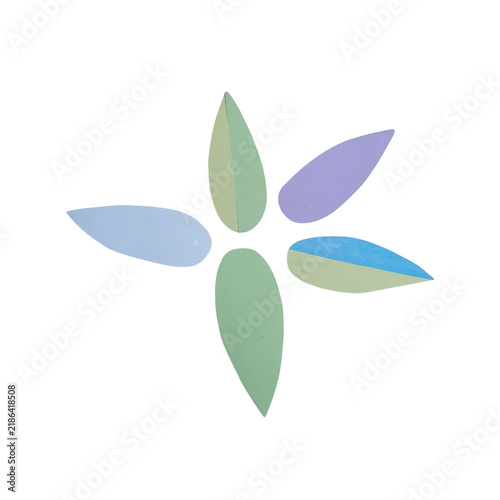 Five pastel-colored paper petals in light green, light blue, and light purple arranged in a flower shape on a plain white background isolated on a transparent background