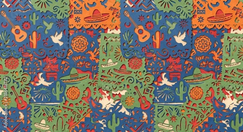 Colorful Mexican papel picado pattern background with guitars and sombreros watercolor