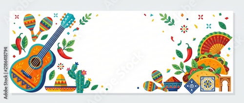 Festive Mexican banner with guitar maracas tacos and sombrero watercolor illustration
