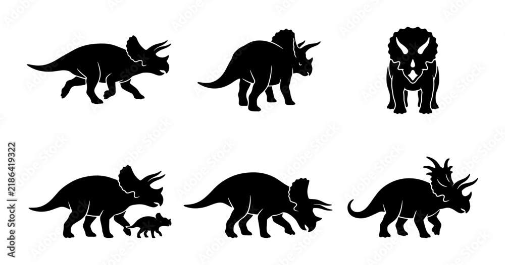 Obraz premium Triceratops Dinosaur Silhouettes, Prehistoric Reptile Vector Icons, Ancient Creature Graphics