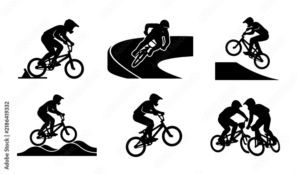 Fototapeta premium BMX Bike Rider Silhouettes, Extreme Sports Action, Cycling Performance Vector Icons