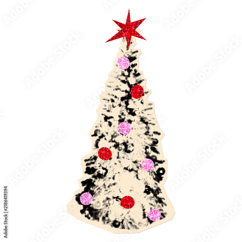 Christmas tree collage scrapbook element. Cut out sticker with distressed halftone texture, sparkling red pink glitter ornaments, topped with red glitter star. Vector on transparent background as png
