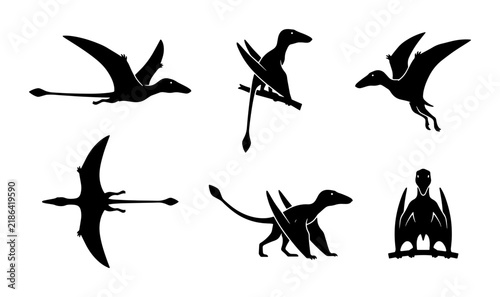 Foto Pterodactyl Silhouettes, Prehistoric Flying Reptile Vector Icons, Ancient Dinosa