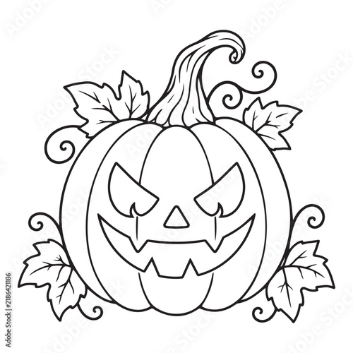 Halloween Pumpkin Jack O Lantern Line Art with Autumn Leaves