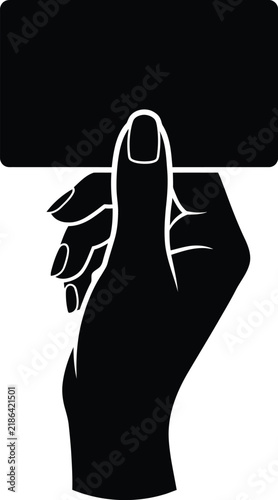 Obraz na plátně Hand holding a rectangular card silhouette against a white background a simple v