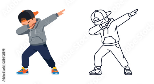 Fotografie Boy performing dab pose colorful vector illustration and line art version