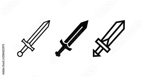 Three black silhouettes of swords against a white background