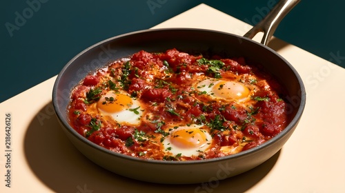 Shakshuka with poached eggs in spicy tomato sauce.
