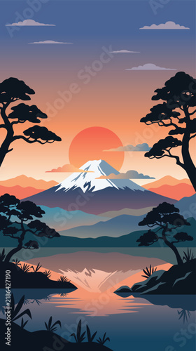 Mount Fuji at Sunset with Pine Trees Illustration