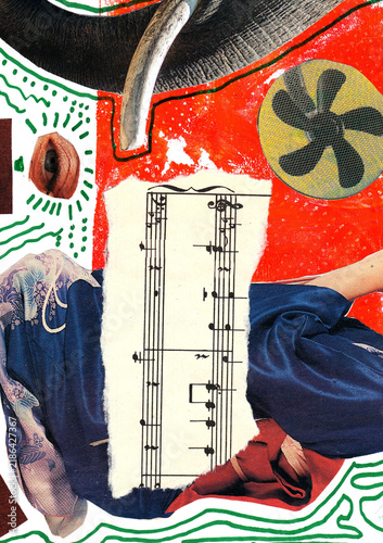 Vertical handmade collage with sheet music, abstract symbols, colorful paper fragments and cutout elements. Creative scrapbook style composition with handcrafted textures and contemporary design