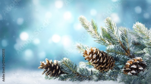 Frosty pine branch with pinecones on snowy ground