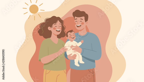 Radiant parents smile warmly while holding their laughing baby together against a soft abstract background lit by a gentle yellow sun.