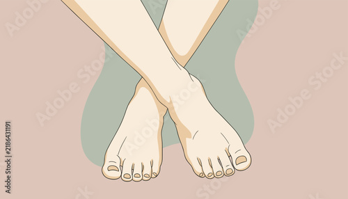 Simple vector illustration of human bare feet crossed at the ankles on a minimal pastel background.