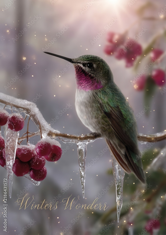Fototapeta premium hummingbird perched on icy branch with snowberries