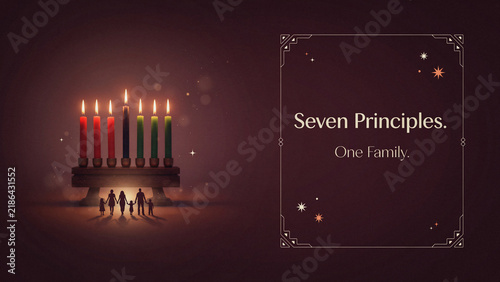 Kwanzaa kinara with seven lit candles and a silhouetted family holding hands underneath with text seven principles, one family