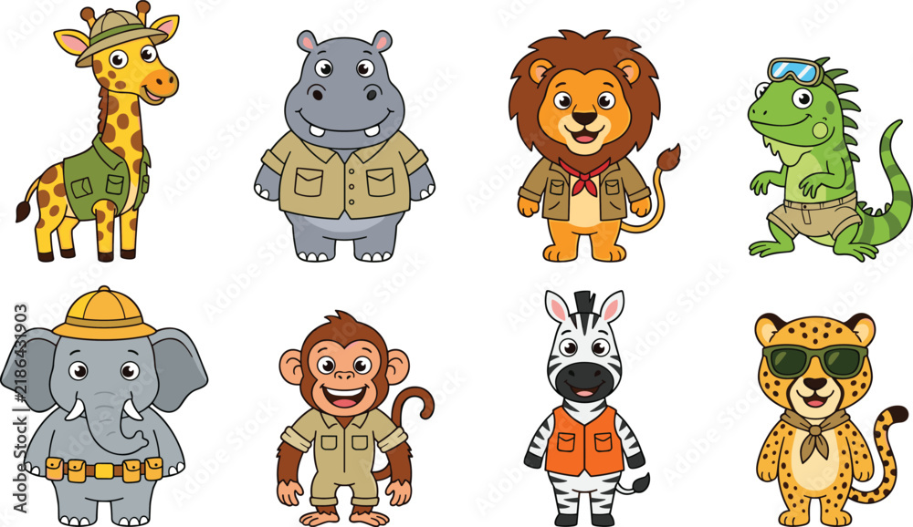 Fototapeta premium Cute Safari Animals Vector Illustration Set Featuring Giraffe Hippo Lion Iguana Elephant Monkey Zebra and Cheetah Characters in Explorer Outfits