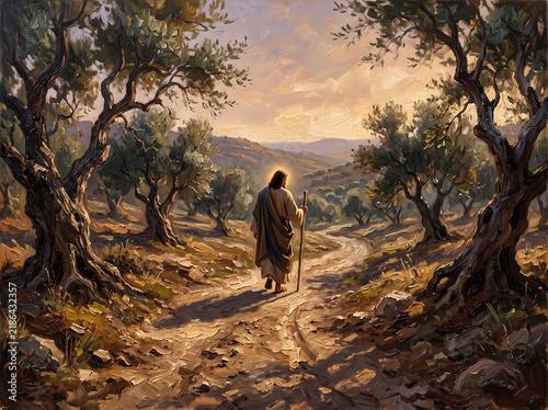 Jesus walking on a path through an olive grove at sunset