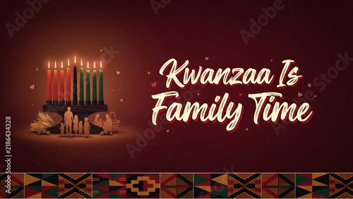 Kwanzaa celebration graphic with kinara candles, family silhouettes, and traditional african pattern border on a dark red background