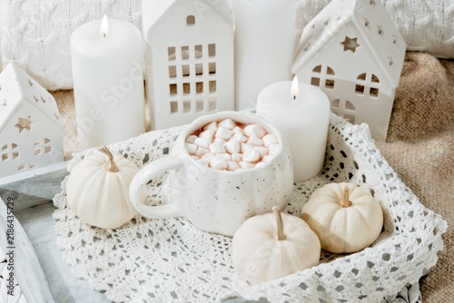 autumn background. Cozy Autumn Hot Chocolate with Mini Pumpkins and Fall Decor Warm mug of hot chocolate with mini marshmallows, white pumpkins and home decor. Inviting autumn scene