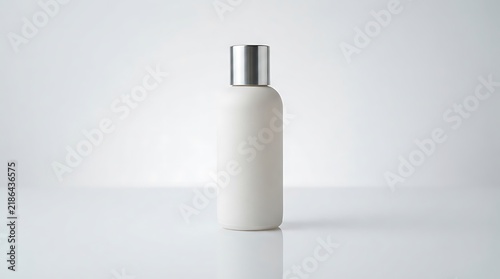 Minimalist white cosmetic bottle with silver cap on a reflective white surface with soft studio lighting