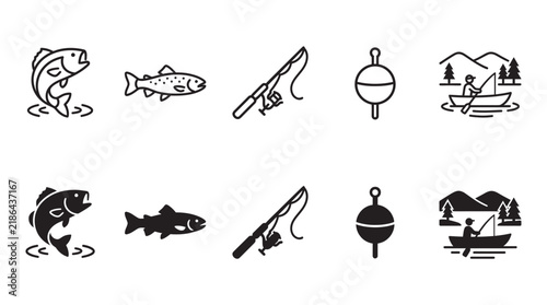 Fishing icons set featuring fish and angling equipment fishing rod fishing bobber boat fishing gear